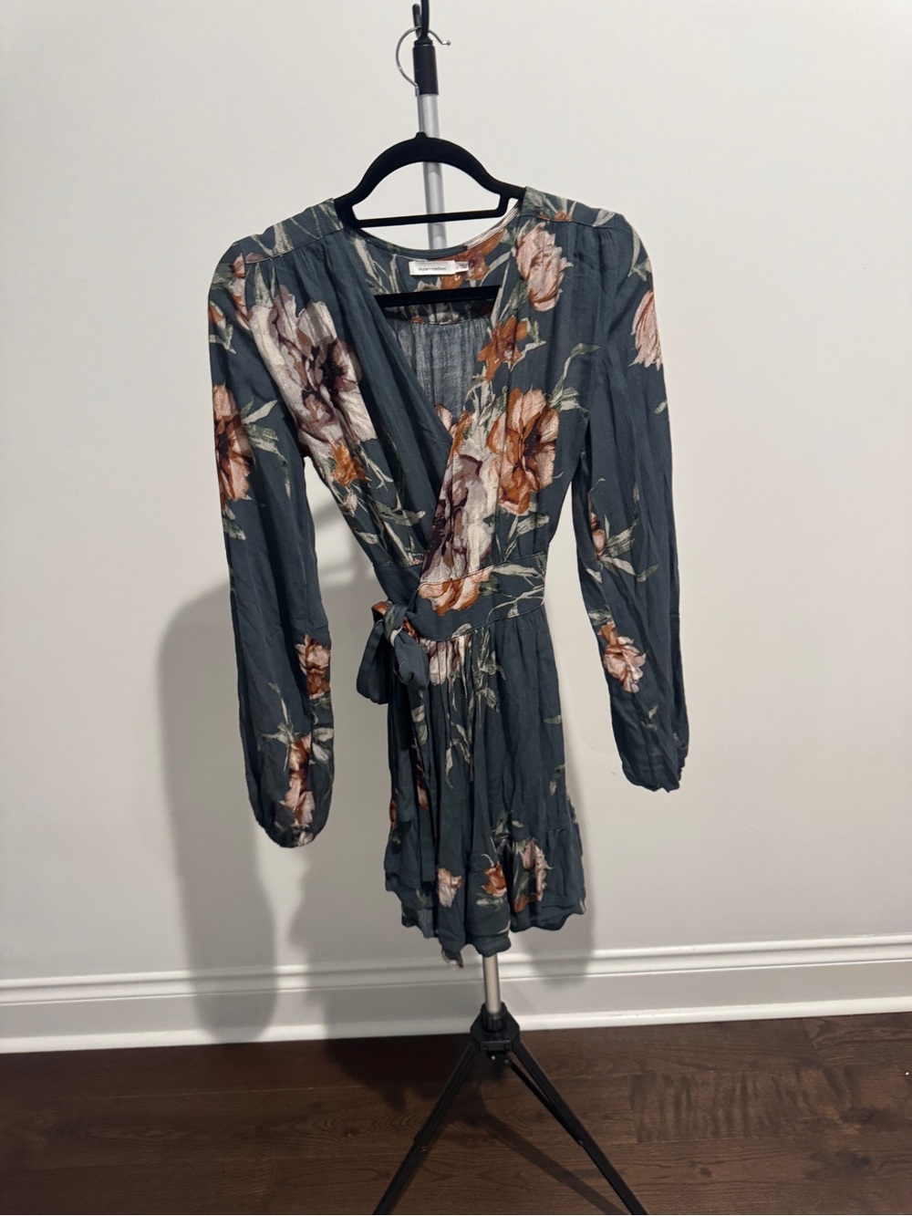 Skylar + Madison Slate Blue Floral Wrap Dress